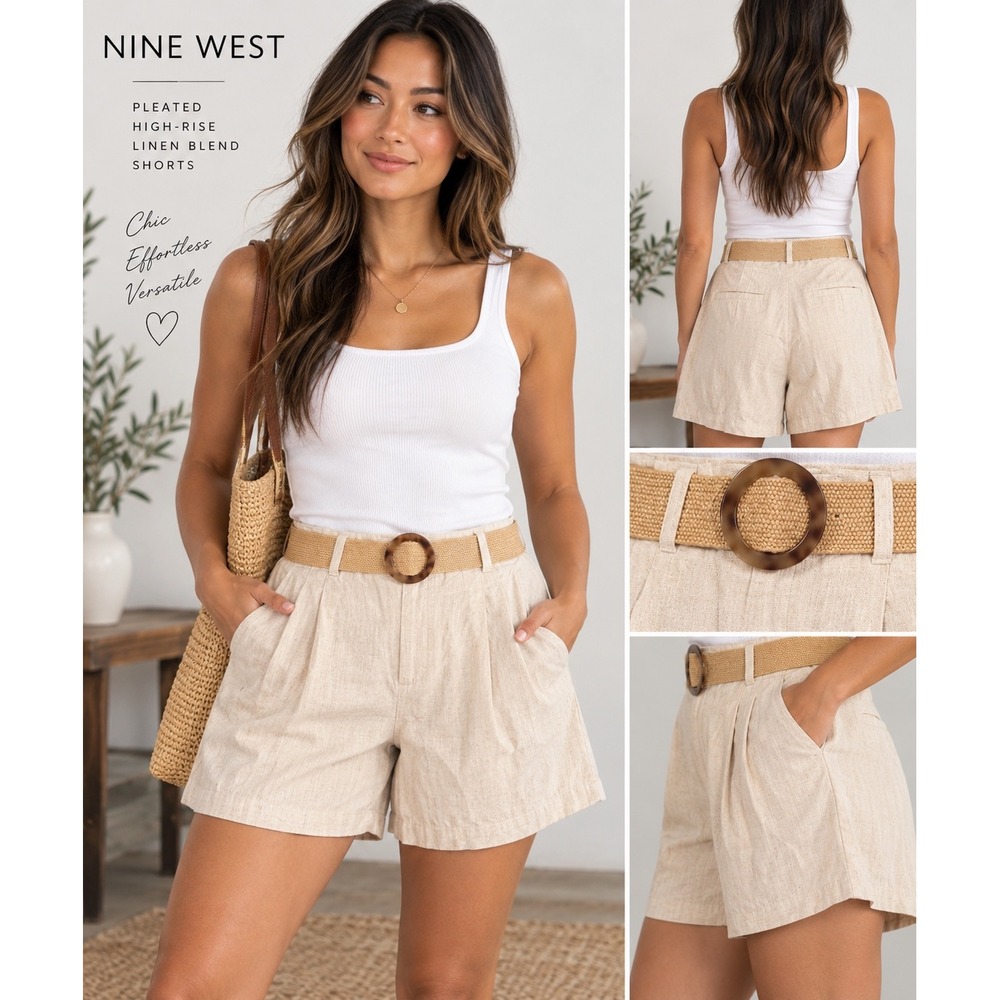 NWT Nine West Pleated High Rise Shorts with Woven Belt Beige Linen Look L